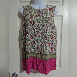 J Jill Medium Sleeveless Floral Print Pleated Blouse Pink Spring Tank Dipped